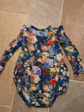 Posh Peanut Navy Floral Bubble Onesie with Long Sleeves